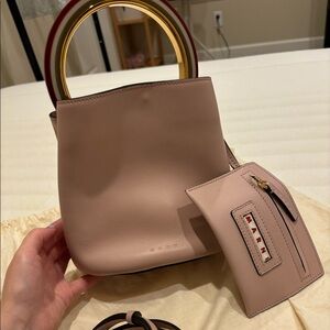 Marni small leather bucket bag light pink with burgundy handle